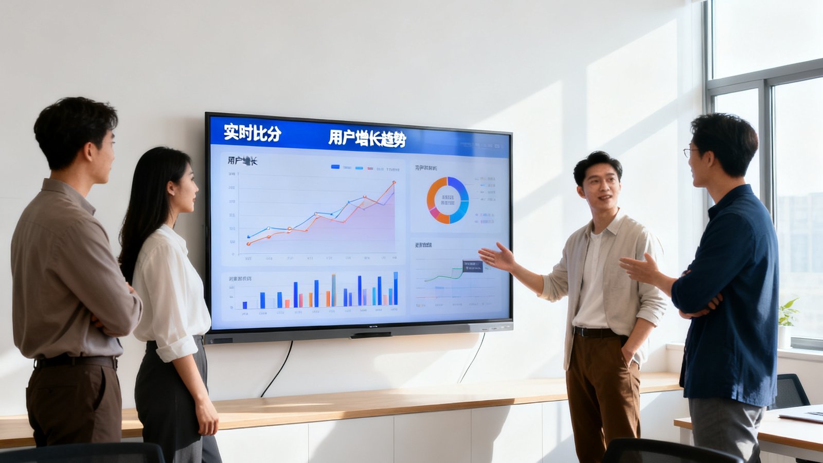 即时比分球探网团队办公室场景，成员正站在大屏幕前讨论实时数据与用户增长图表