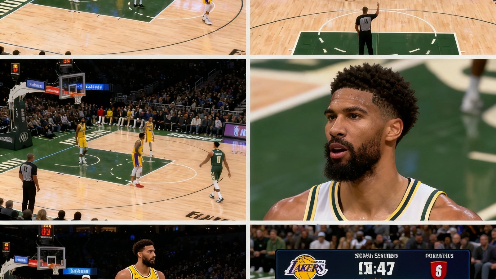 NBA篮球赛事多屏直播画面，右下角弹出得分提醒和球员数据，覆盖湖人雄鹿比赛